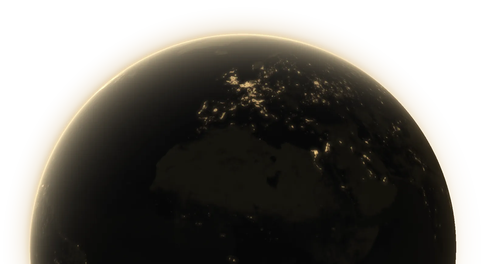 La Terra vista dallo spazio di notte, con le luci delle città in riflessi dorati.